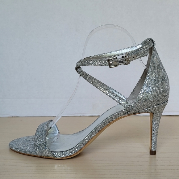 Michael Kors Ava Mid Heel Strappy Silver Glitter Sandals Heels PV19H Size 10M - Picture 4 of 16